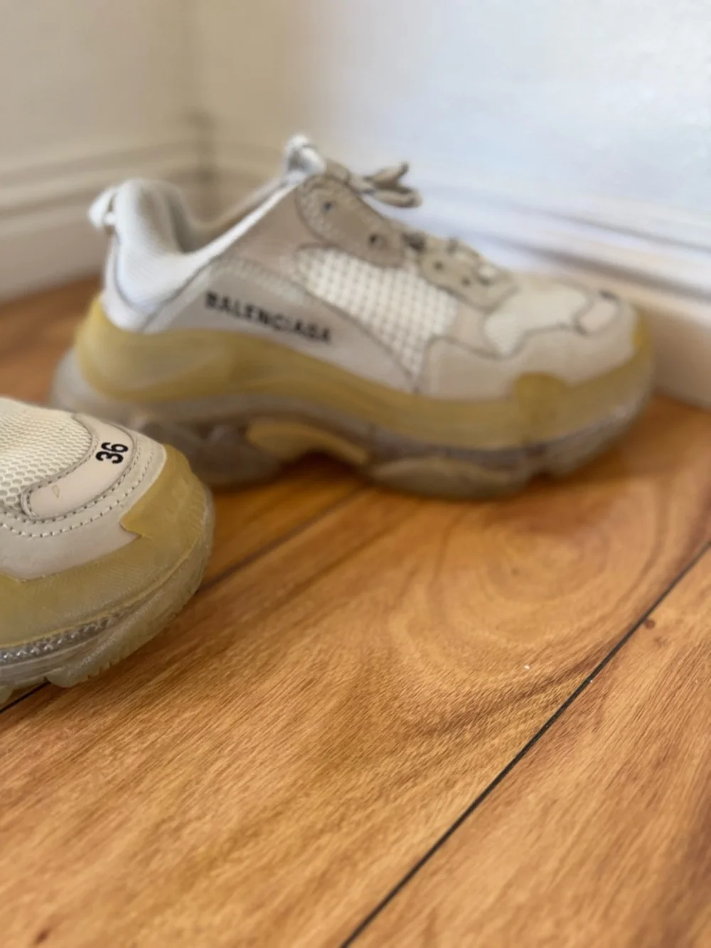 Balenciaga White Cream Triple S Mesh Leather Sneakers - Picture 9 of 10